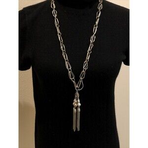 Vintage St. John Necklace Two Tone Chain In a Chain Tassel W/ 4 Beads & Fringe